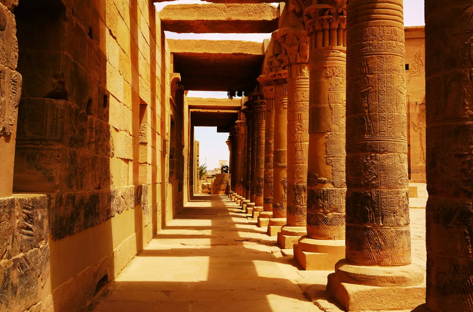 A long corridor of stone columns in warm light