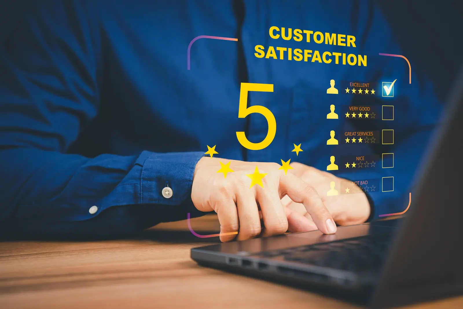 A hand on a laptop beside a five-star customer satisfaction rating